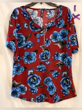 Floral Zip-Front Tunic in Red with Blue Blossoms